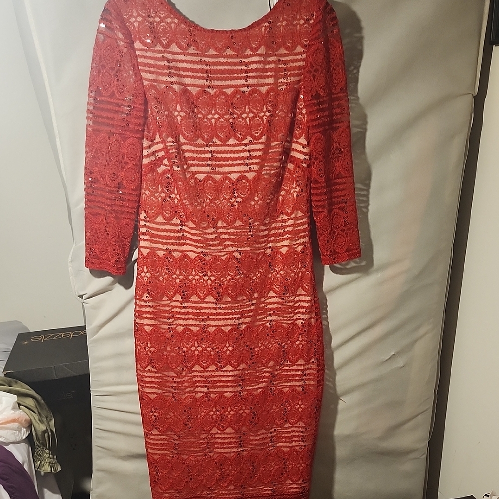 Signature by Sangria Red Lace Long Sleeve Dress